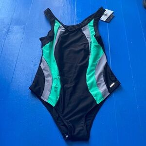 Merry Style One Piece Swimsuit Black Green Colorblock SIZE L NWT Athletic